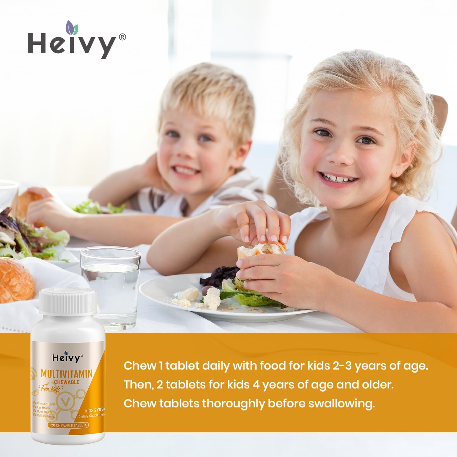 Chewable Kids Multivitamin with Vitamin D3, C, B12, B6, A, E & Zinc - 120 Tablets for Immune Support