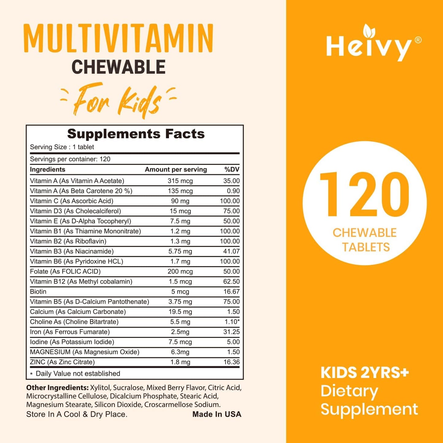 Chewable Kids Multivitamin with Vitamin D3, C, B12, B6, A, E & Zinc - 120 Tablets for Immune Support