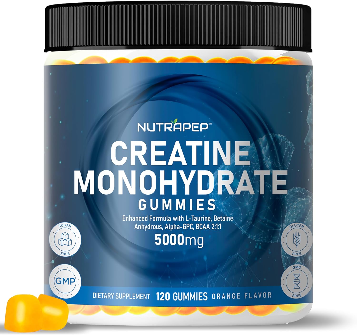 Chewable NutraPep Creatine Gummies with L-Taurine, Betaine Anhydrous, Alpha-GPC, and BCAA 2:1:1 - Gluten-Free and Sugar-Free for Men and Women - 5g Creatine Monohydrate Bite-Sized Supplement