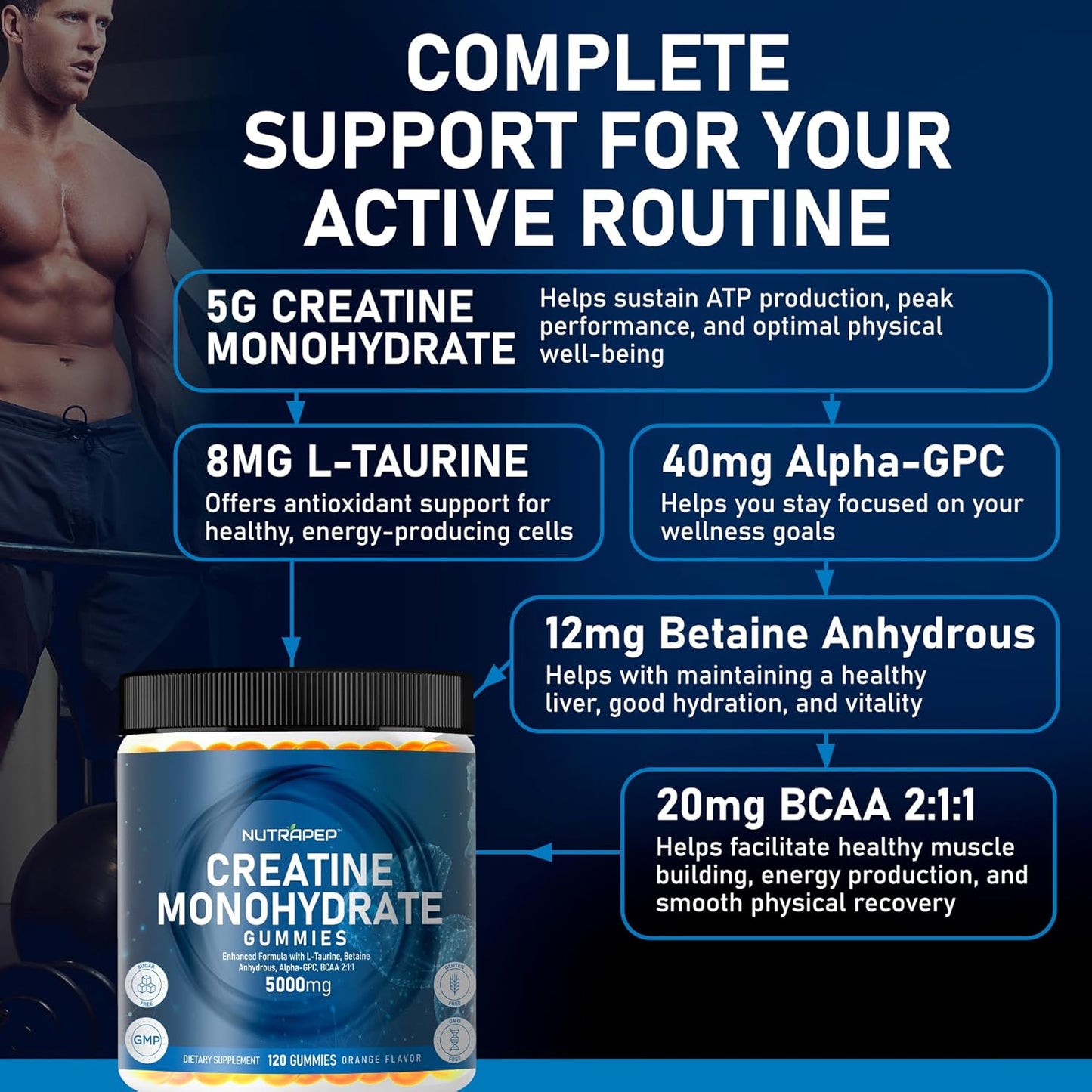 Chewable NutraPep Creatine Gummies with L-Taurine, Betaine Anhydrous, Alpha-GPC, and BCAA 2:1:1 - Gluten-Free and Sugar-Free for Men and Women - 5g Creatine Monohydrate Bite-Sized Supplement