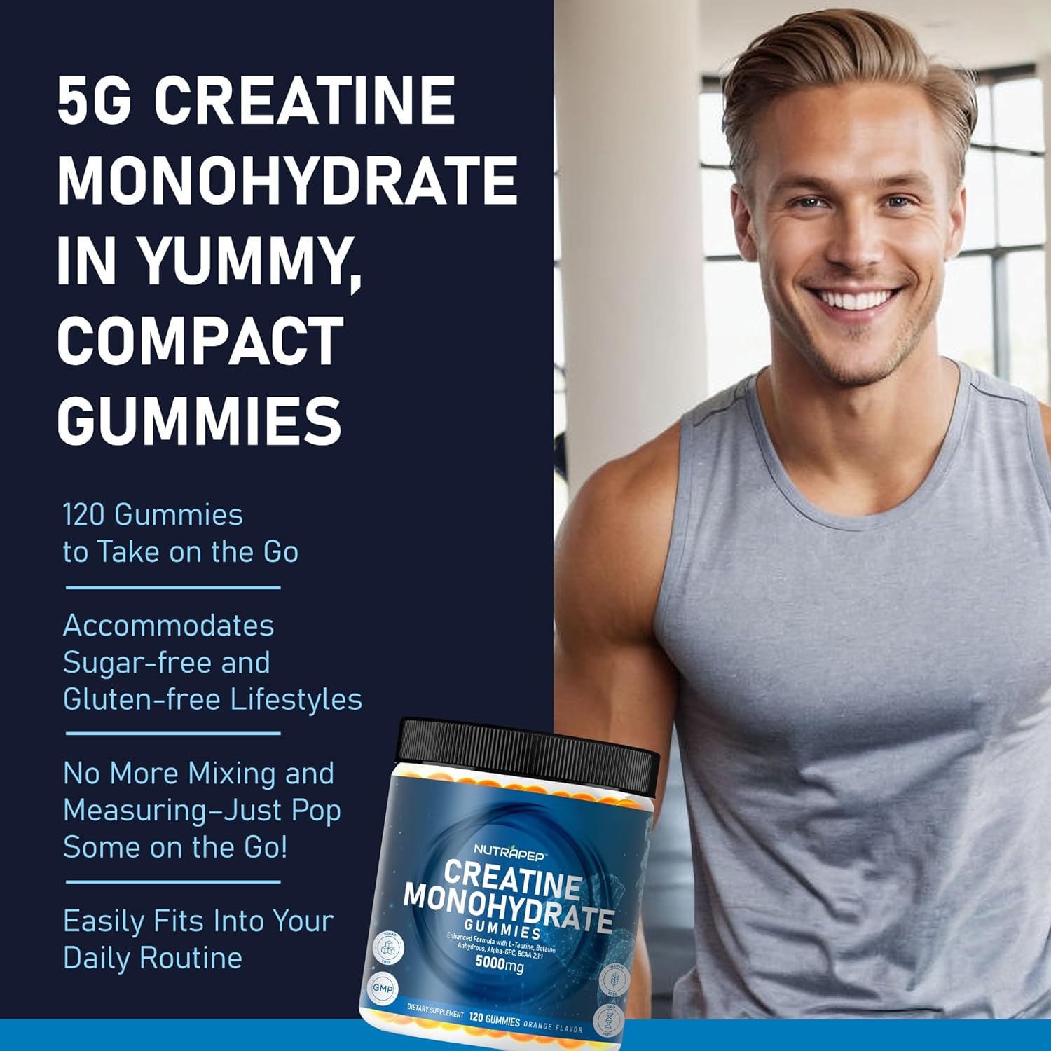 Chewable NutraPep Creatine Gummies with L-Taurine, Betaine Anhydrous, Alpha-GPC, and BCAA 2:1:1 - Gluten-Free and Sugar-Free for Men and Women - 5g Creatine Monohydrate Bite-Sized Supplement