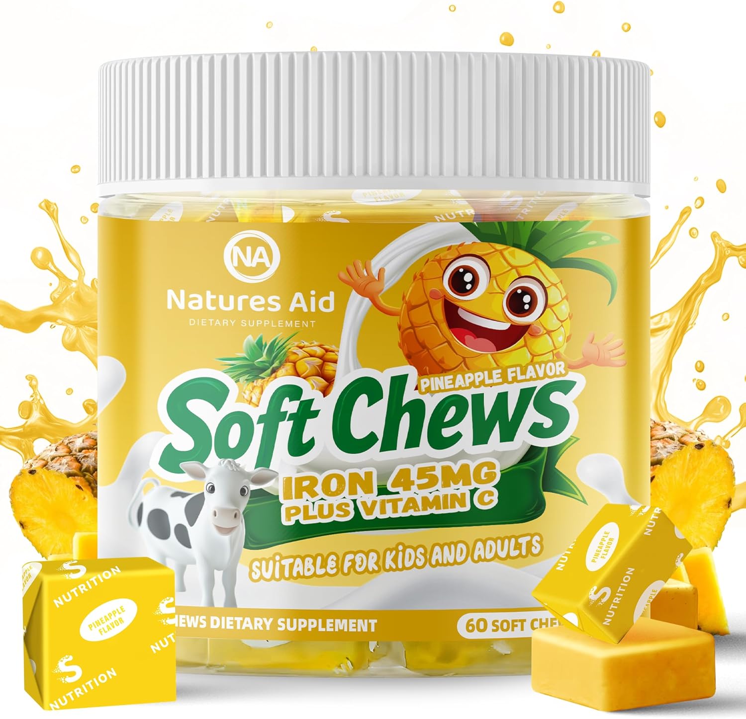 Chewable Pineapple Iron Supplement for Women, Men & Kids - High Absorption Iron with Vitamin C, Ferrous Fumarate, 2 Month Supply