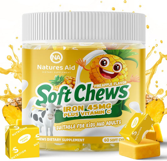 Chewable Pineapple Iron Supplement for Women, Men & Kids - High Absorption Iron with Vitamin C, Ferrous Fumarate, 2 Month Supply