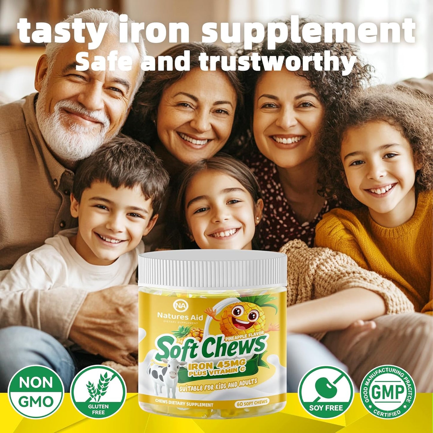 Chewable Pineapple Iron Supplement for Women, Men & Kids - High Absorption Iron with Vitamin C, Ferrous Fumarate, 2 Month Supply