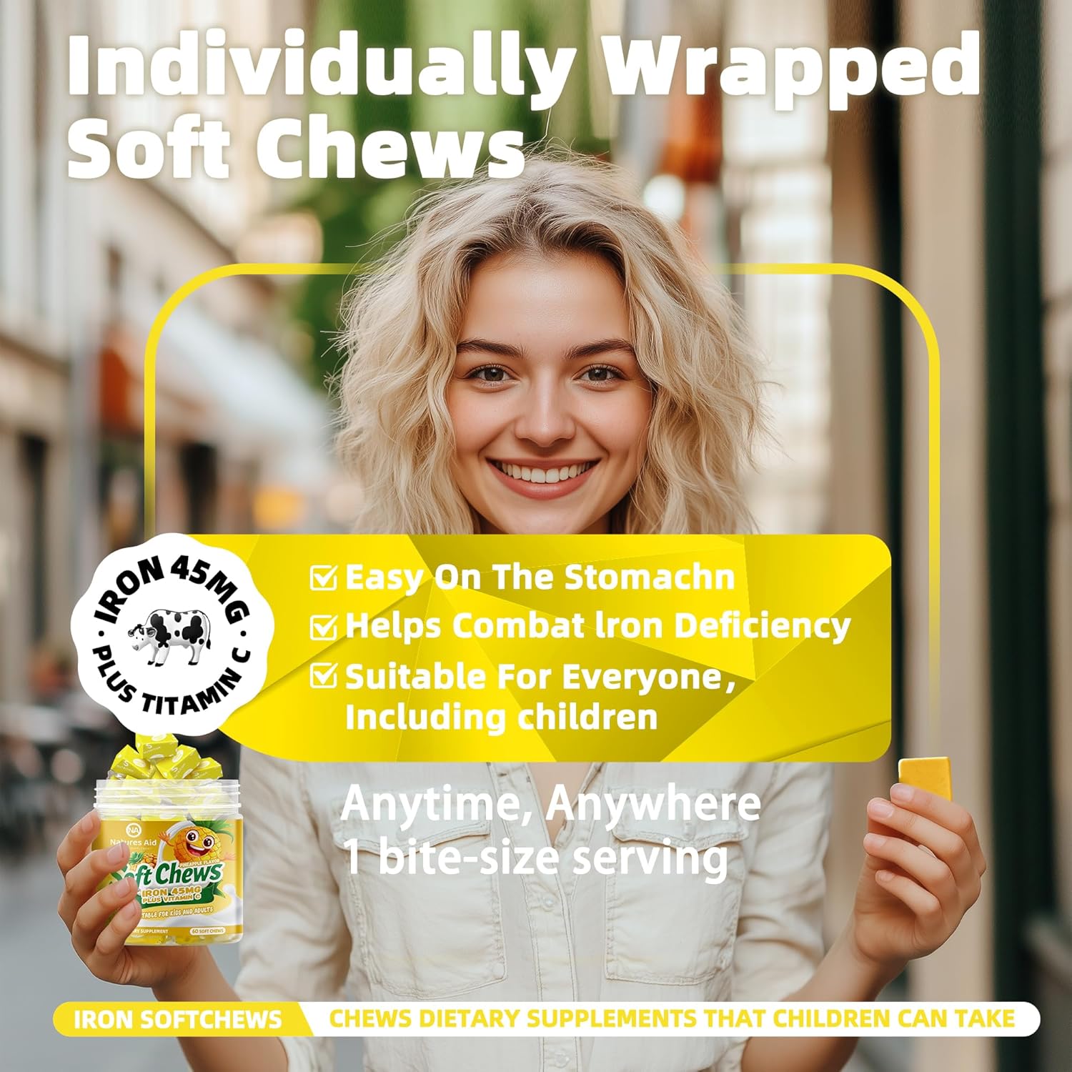 Chewable Pineapple Iron Supplement for Women, Men & Kids - High Absorption Iron with Vitamin C, Ferrous Fumarate, 2 Month Supply