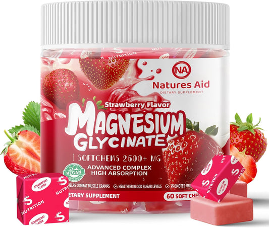 Chewable Sugar-Free Magnesium Glycinate Soft Chews with Vitamin D & CoQ10, Strawberry Flavor for Calm Support & Sleep, 60 Days Supply