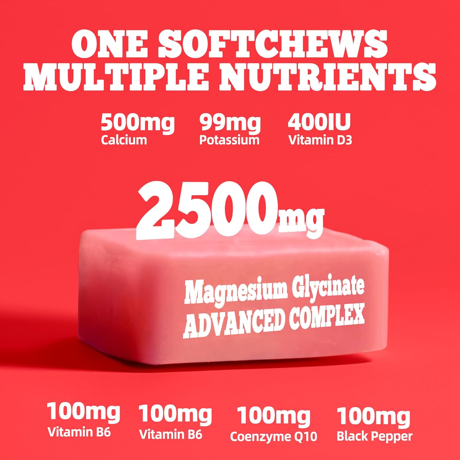 Chewable Sugar-Free Magnesium Glycinate Soft Chews with Vitamin D & CoQ10, Strawberry Flavor for Calm Support & Sleep, 60 Days Supply