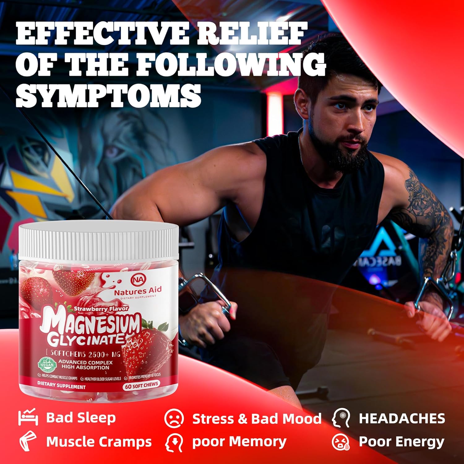 Chewable Sugar-Free Magnesium Glycinate Soft Chews with Vitamin D & CoQ10, Strawberry Flavor for Calm Support & Sleep, 60 Days Supply