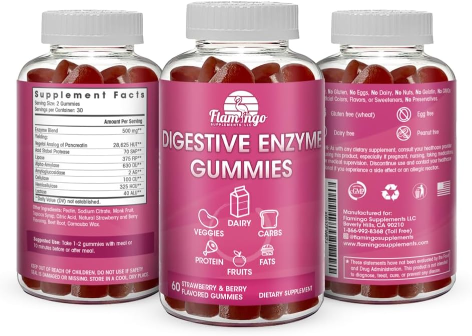 Chewable Vegan Digestive Enzyme Gummies for Food Intolerance and Bloating - 60 Count