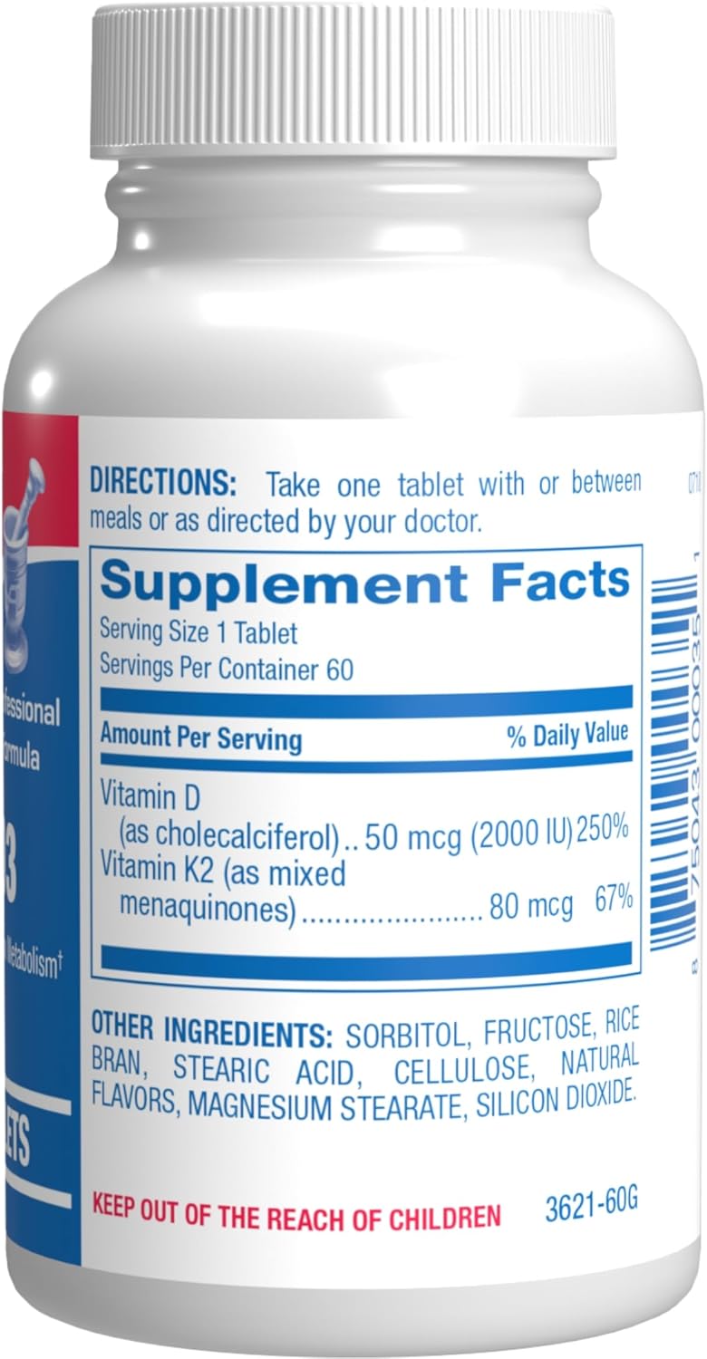 Chewable Vitamin D and K2 Supplement for Bone, Teeth, Mood, and Immune Support - 2000IU D3 K2 with Calcium Absorption - Vegetarian Cinnamon Flavor - 60 Day Supply