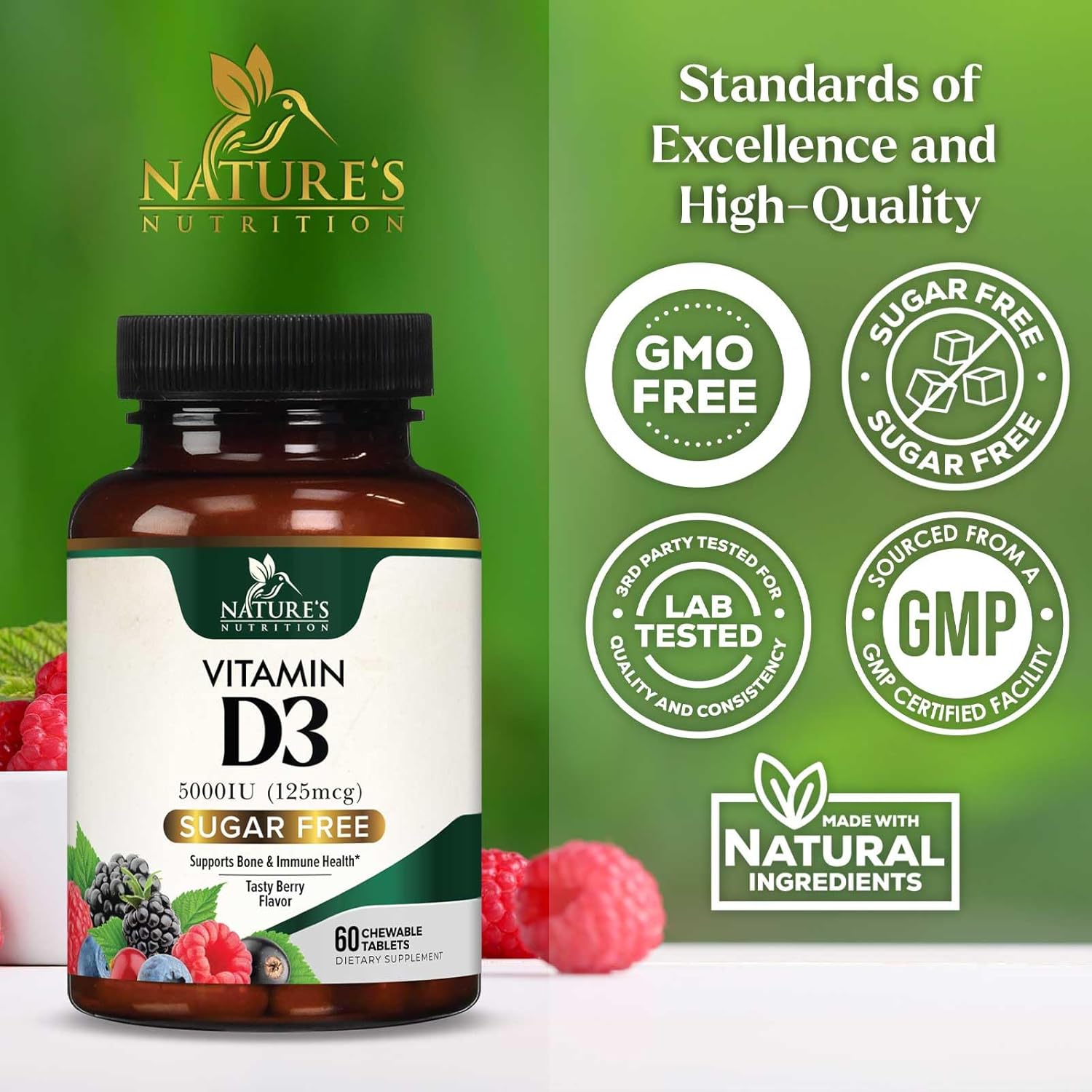 Chewable Vitamin D3 5000 IU (125 mcg) - Supports Bone, Teeth, Muscle & Immune Health - Non-GMO, Gluten Free - 60 Tablets