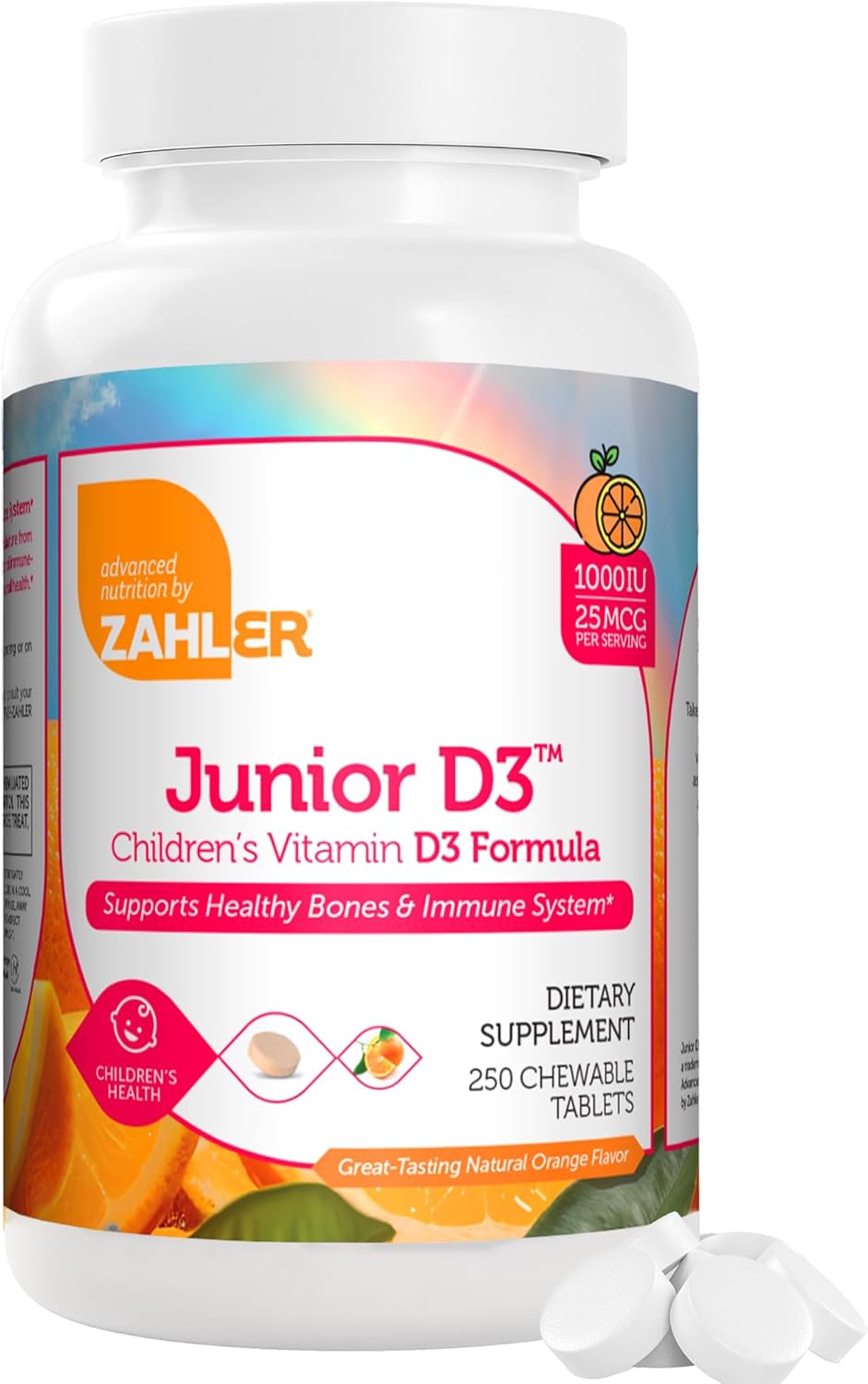 Chewable Vitamin D3 for Kids 1000 IU - Supports Bone, Teeth & Immune Health - Kosher Orange Flavor - 250 Count.