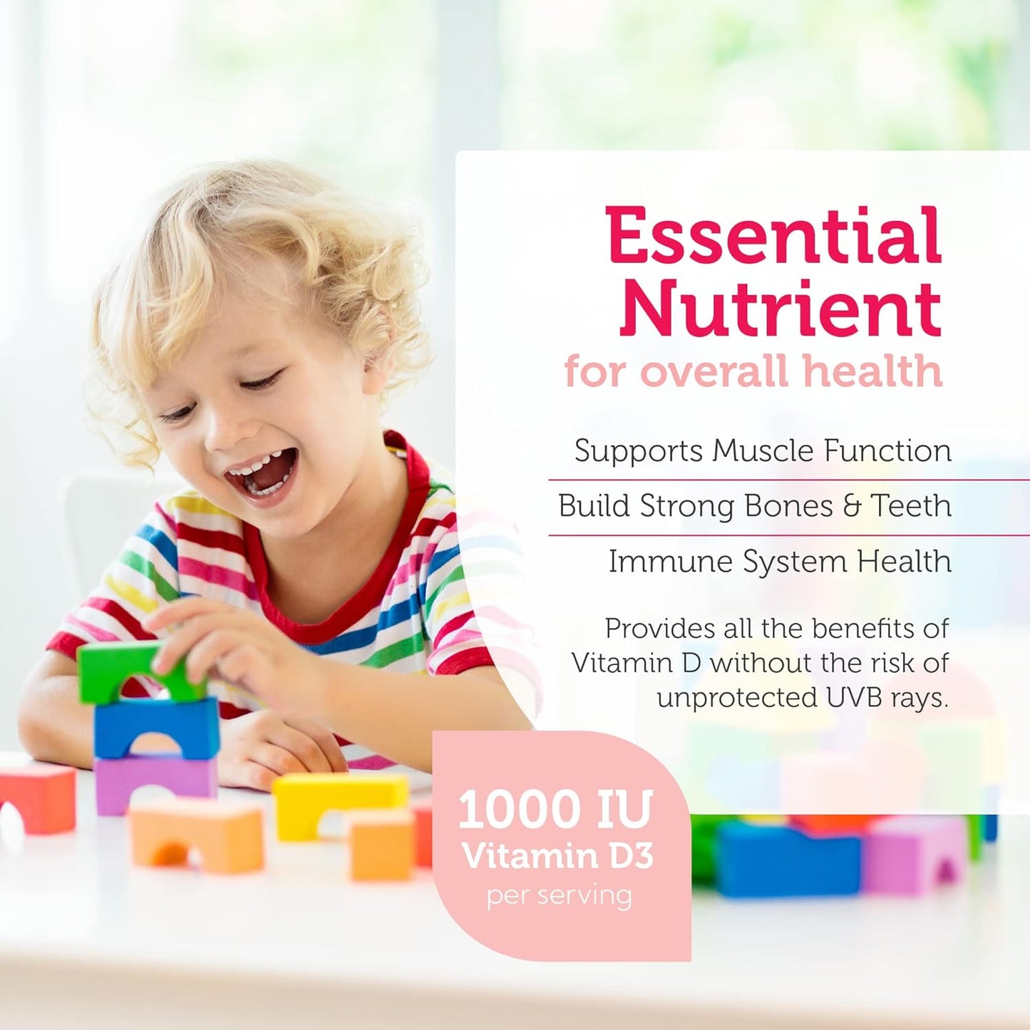 Chewable Vitamin D3 for Kids 1000 IU - Supports Bone, Teeth & Immune Health - Kosher Orange Flavor - 250 Count.
