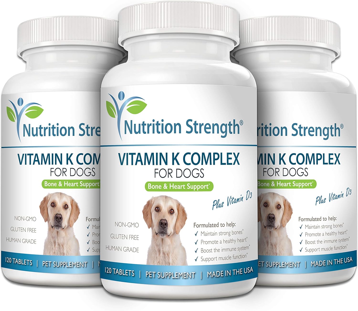 Chewable Vitamin K for Dogs with Vitamin D3 for Strong Bones and Healthy Heart - 120 Tablets