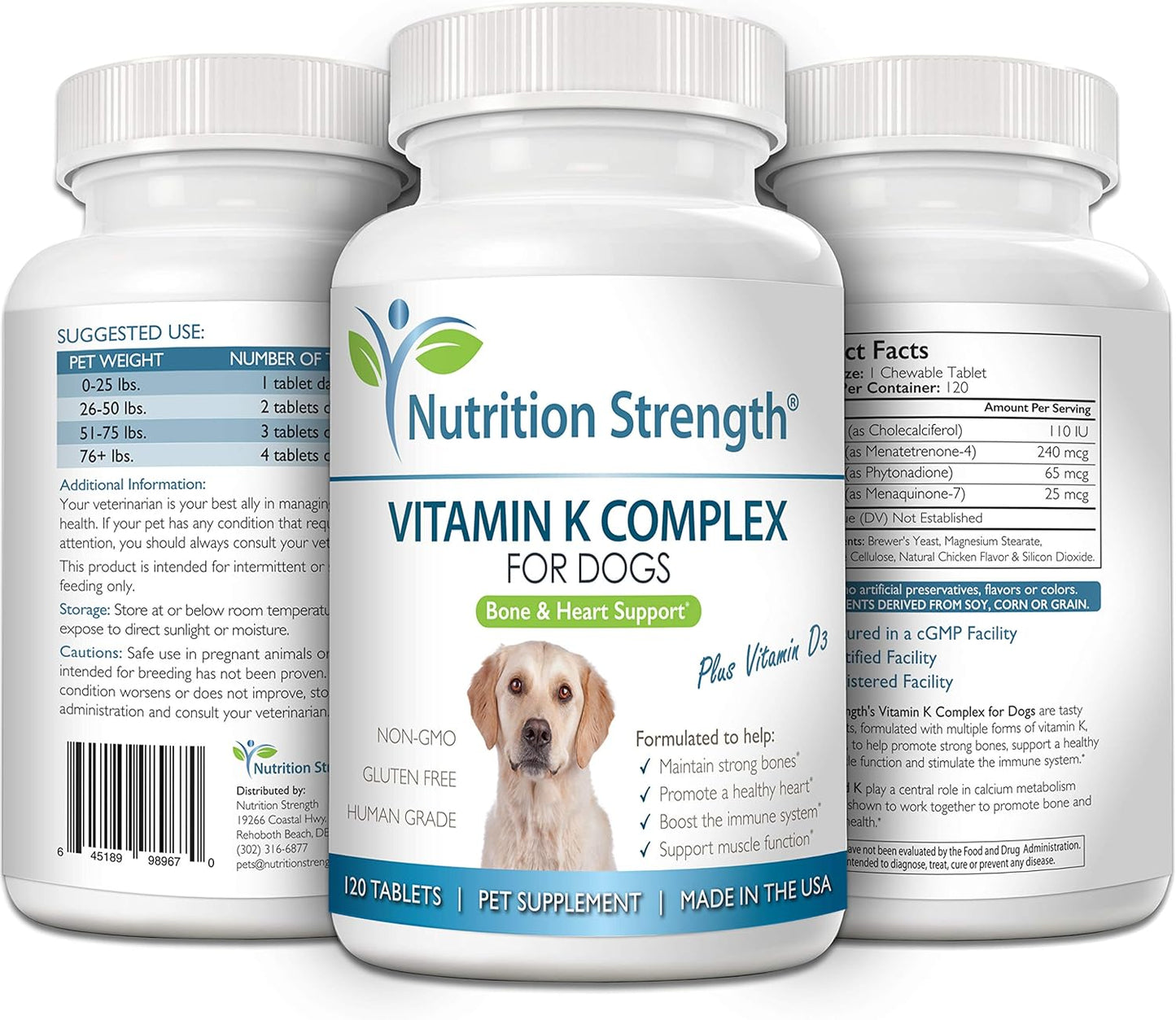 Chewable Vitamin K for Dogs with Vitamin D3 for Strong Bones and Healthy Heart - 120 Tablets
