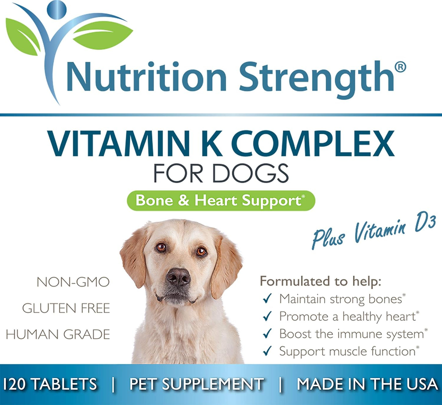 Chewable Vitamin K for Dogs with Vitamin D3 for Strong Bones and Healthy Heart - 120 Tablets