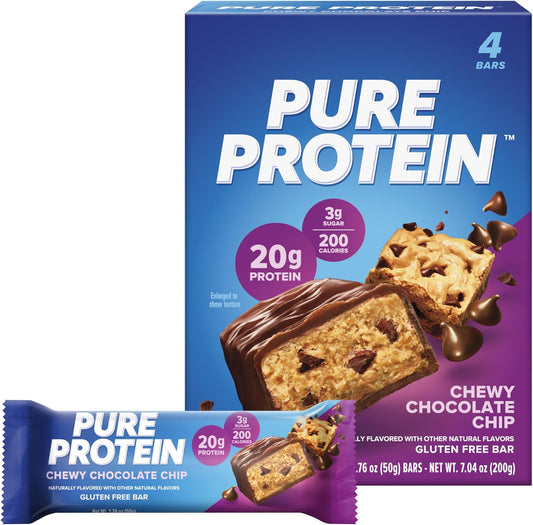 Chewy Chocolate Chip Pure Protein Bars, High Protein Snacks for Energy, Low Sugar, Gluten Free, 1.76oz, Pack of 4