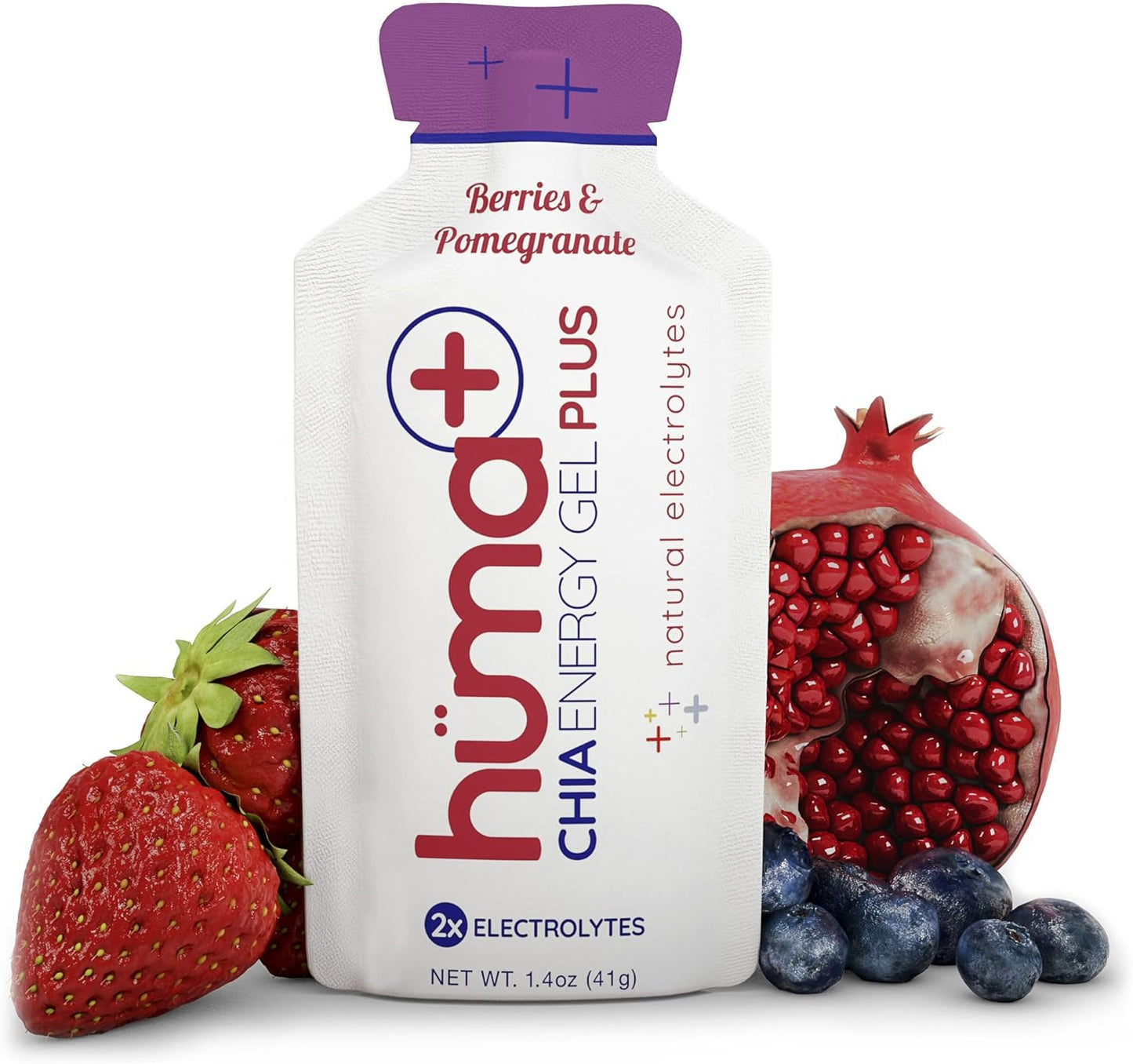 Chia Energy Gel Huma Plus with Double Electrolytes - Berries & Pomegranate Flavor, 24 Pack of Stomach Friendly Real Food Gels
