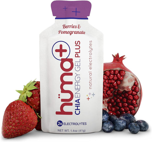 Chia Energy Gel Huma Plus with Double Electrolytes - Berries & Pomegranate Flavor, 24 Pack of Stomach Friendly Real Food Gels