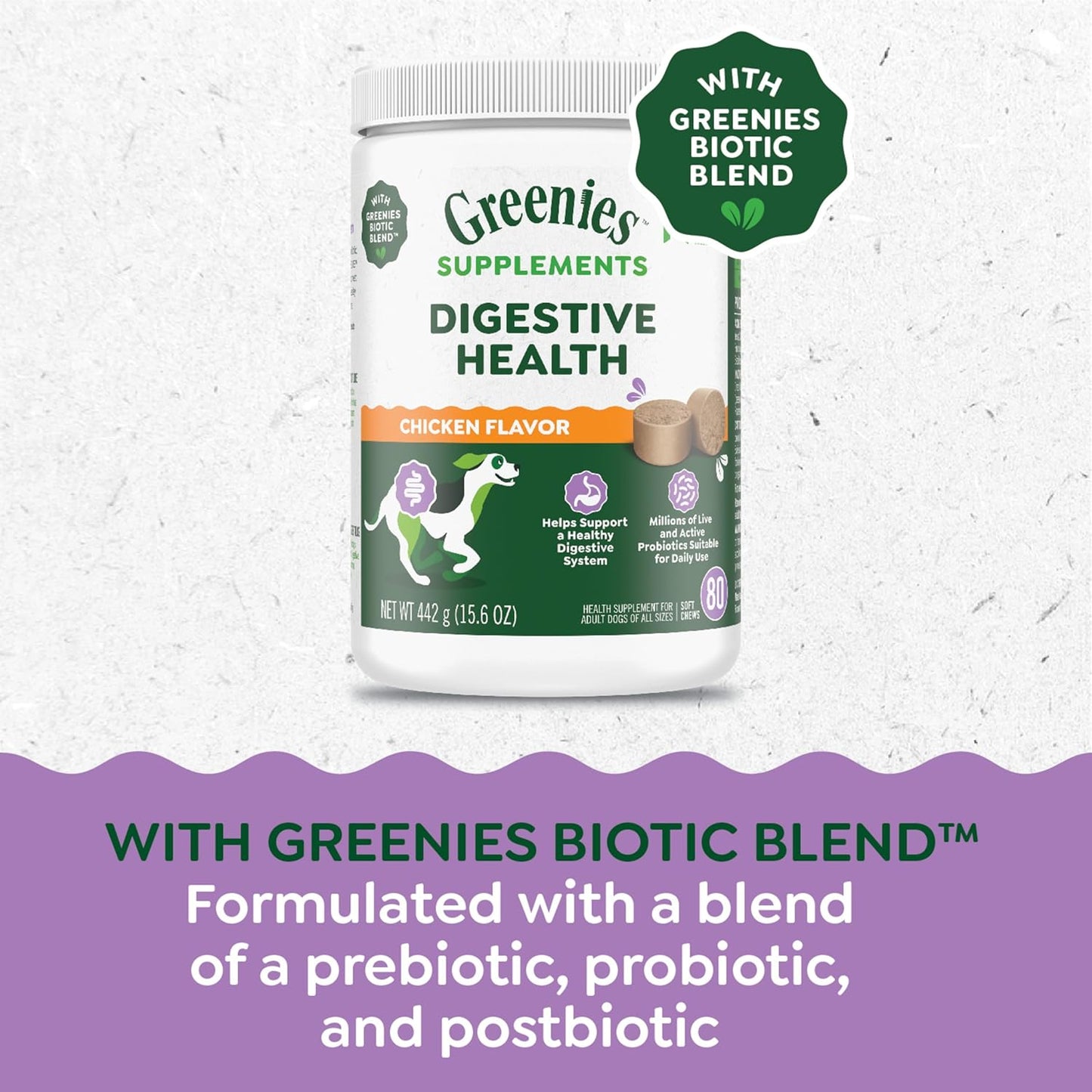 Chicken Flavor Greenies Digestive Health Probiotics Soft Chews for Dogs - 80 ct. Tub, 15.6 oz.