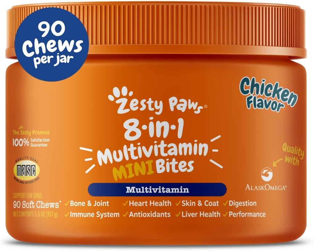 Chicken Flavored Dog Multivitamin Treats with Glucosamine Chondroitin, Digestive Enzymes, Probiotics, Grain-Free Formula, 90ct