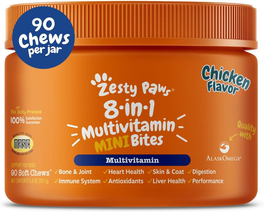 Chicken Flavored Dog Multivitamin Treats with Glucosamine Chondroitin, Digestive Enzymes, Probiotics, Grain-Free Formula, 90ct