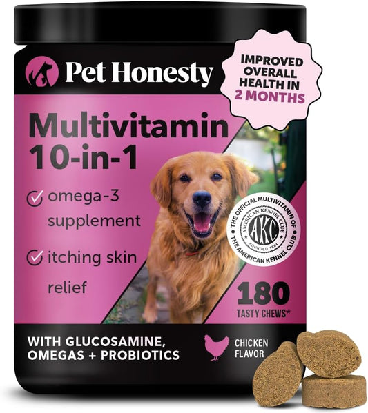 Chicken Flavored Dog Multivitamin with Fish Oil, Glucosamine, Probiotics - 10 in 1 Health & Heart Support - 180 Count