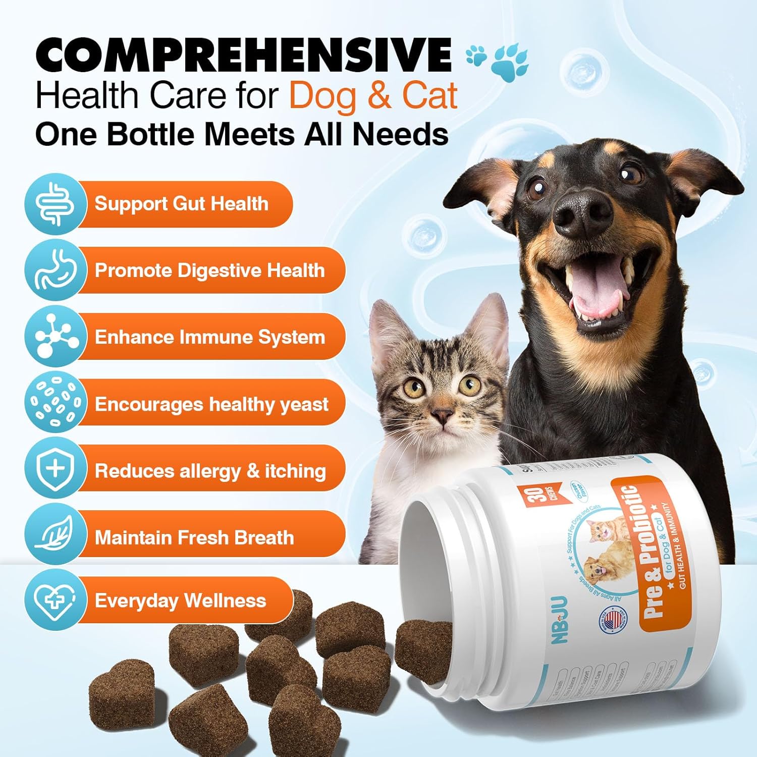 Chicken Flavored Probiotic Chews for Dogs & Cats - Supports Gut & Immunity Health, Digestive Health, Diarrhea, Seasonal Allergies - 30 Chews含 Prebiotics & Probiotics