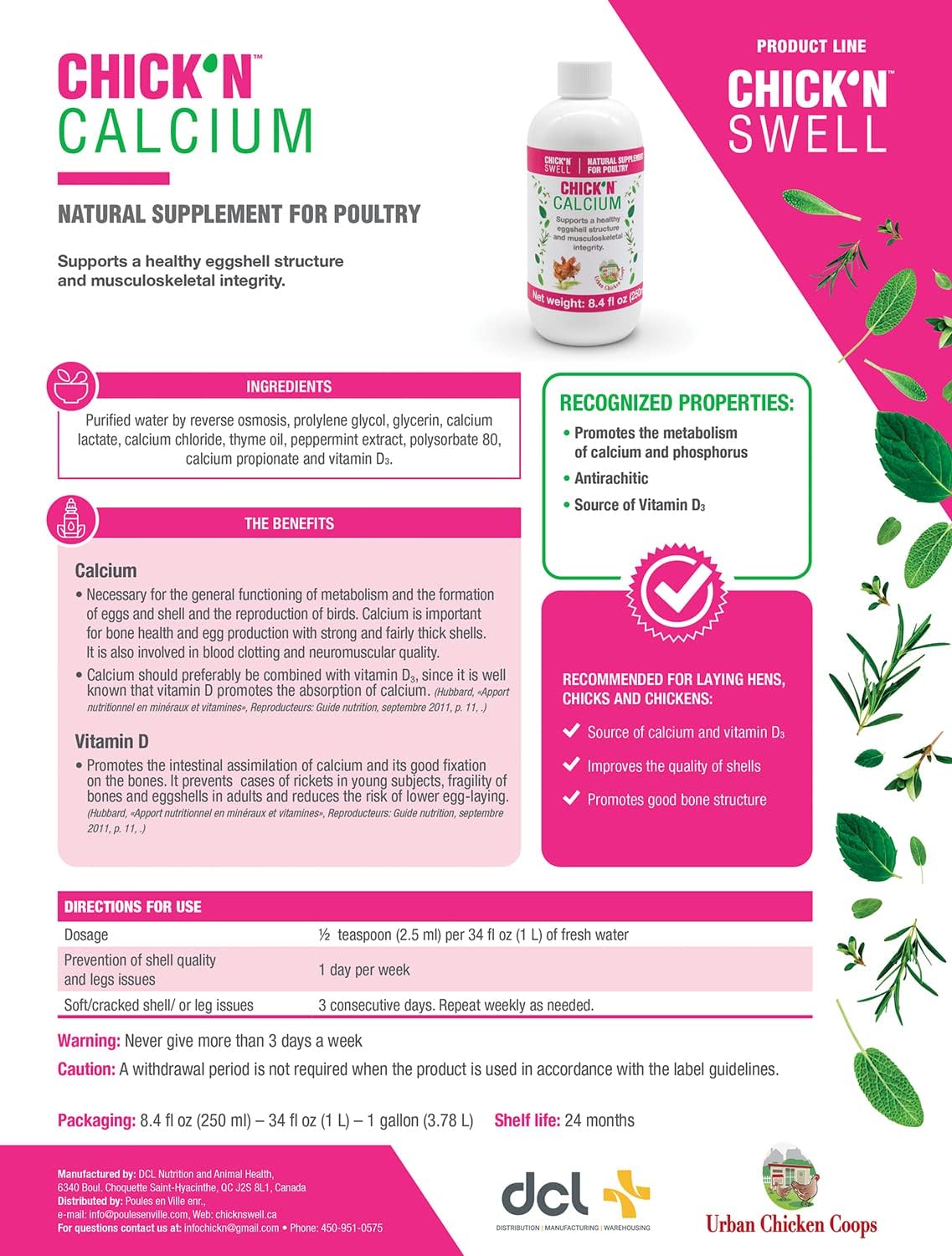Chick’N Swell Premium Poultry Calcium Supplement for Bone Health and Egg Production - 16.8 oz - Suitable for All Poultry - Makes 80 Gallons