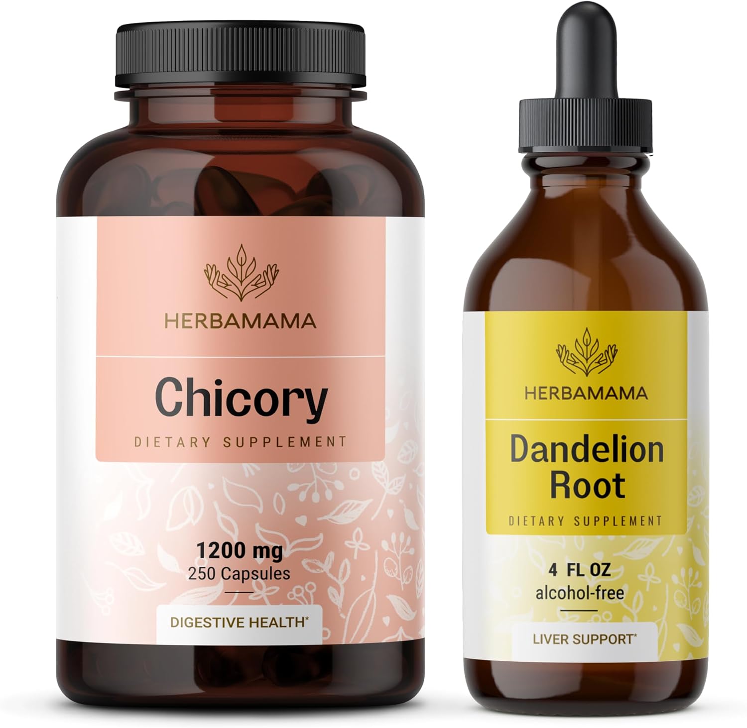 Chicory and Dandelion Supplement Kit - 1200mg Capsules & 4 fl oz Tincture Bundle - Vegan, Non-GMO, Sugar & Alcohol-Free - 2 Pack