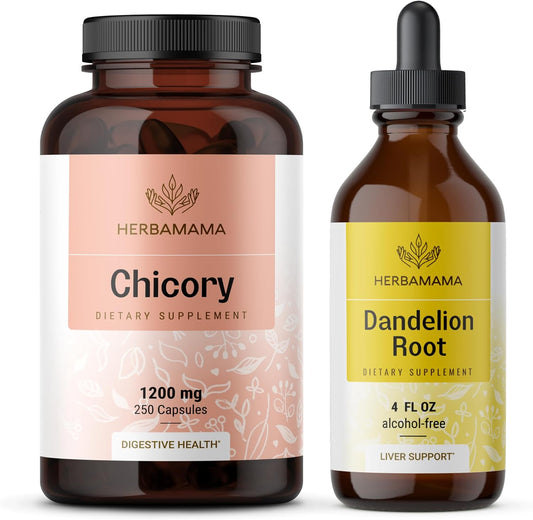 Chicory and Dandelion Supplement Kit - 1200mg Capsules & 4 fl oz Tincture Bundle - Vegan, Non-GMO, Sugar & Alcohol-Free - 2 Pack