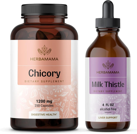 Chicory Root Capsules & Milk Thistle Tincture Kit - 1200mg Capsules, 4 fl oz Tincture - Vegan, Non-GMO, Sugar & Alcohol-Free - 2 Pack