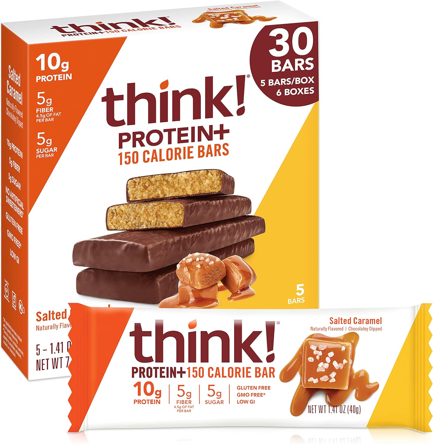 Chicory Root Fiber Protein Bars with Whey Isolate, Salted Caramel Flavor, Gluten-Free Snack Bars without Artificial Sweeteners - 30 Count
