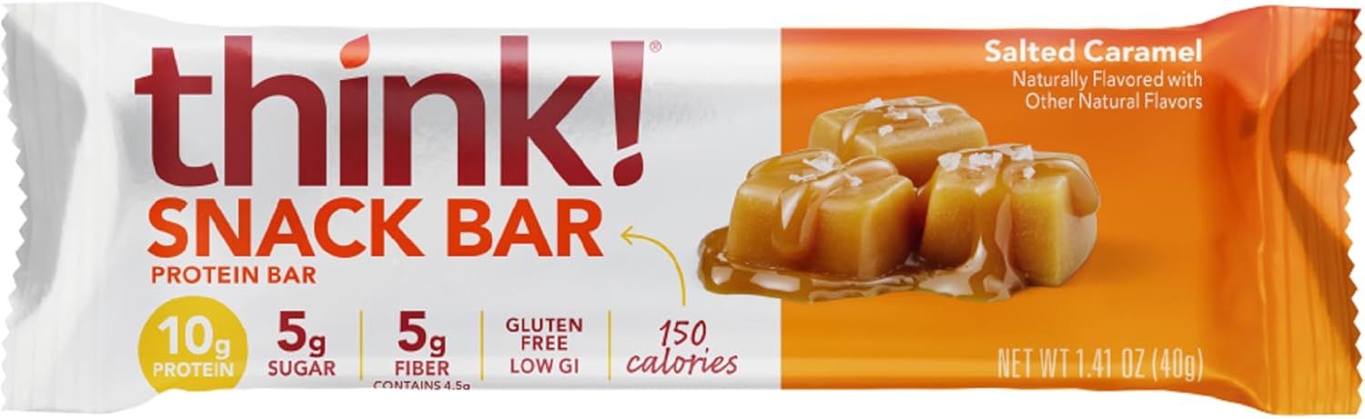Chicory Root Fiber think! Protein Bars, Salted Caramel Flavor, No Artificial Sweeteners, 1.4 Oz Bars, Pack of 10