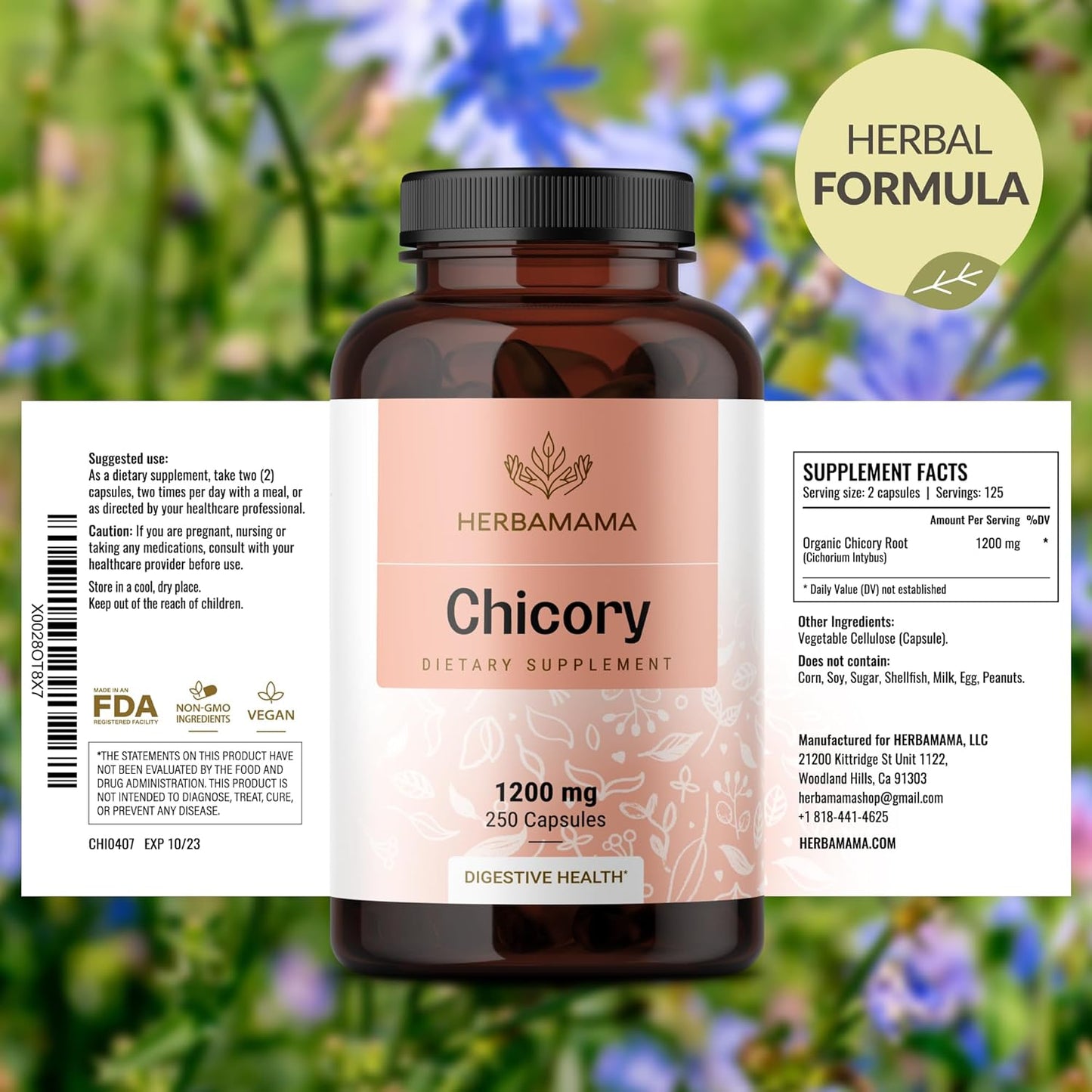 Chicory Root Powder Capsules for Gut Cleanse & Digestive Support - Vegan 1200mg Inulin Prebiotic Fiber Supplement - 250 Capsules