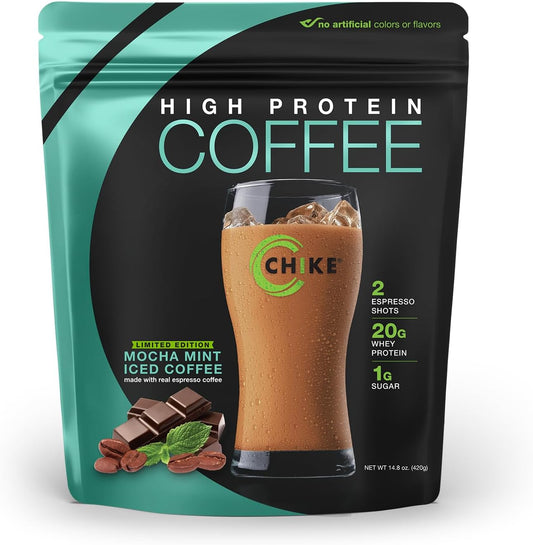 CHIKE Mocha Mint High Protein Iced Coffee - 20g Protein, 2 Shots Espresso, Low Sugar, Keto & Gluten Free - 14 Servings