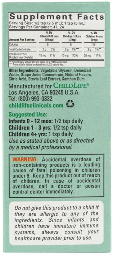 ChildLife Essentials Liquid Iron - All-Natural Iron Supplement for Kids, Supports Healthy Blood Function, Gluten-Free Iron Drops for Infants - Natural Berry Flavor, 4 Fl Oz Bottle