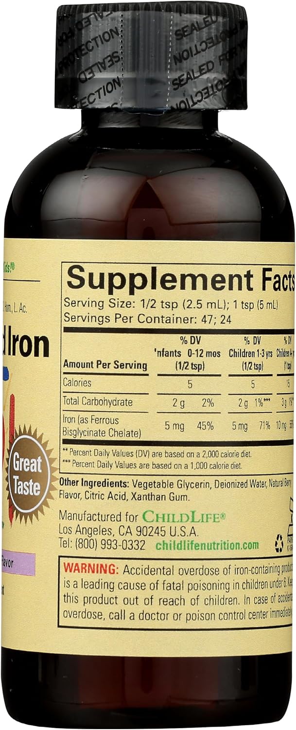 ChildLife Essentials Liquid Iron - All-Natural Iron Supplement for Kids, Supports Healthy Blood Function, Gluten-Free Iron Drops for Infants - Natural Berry Flavor, 4 Fl Oz Bottle