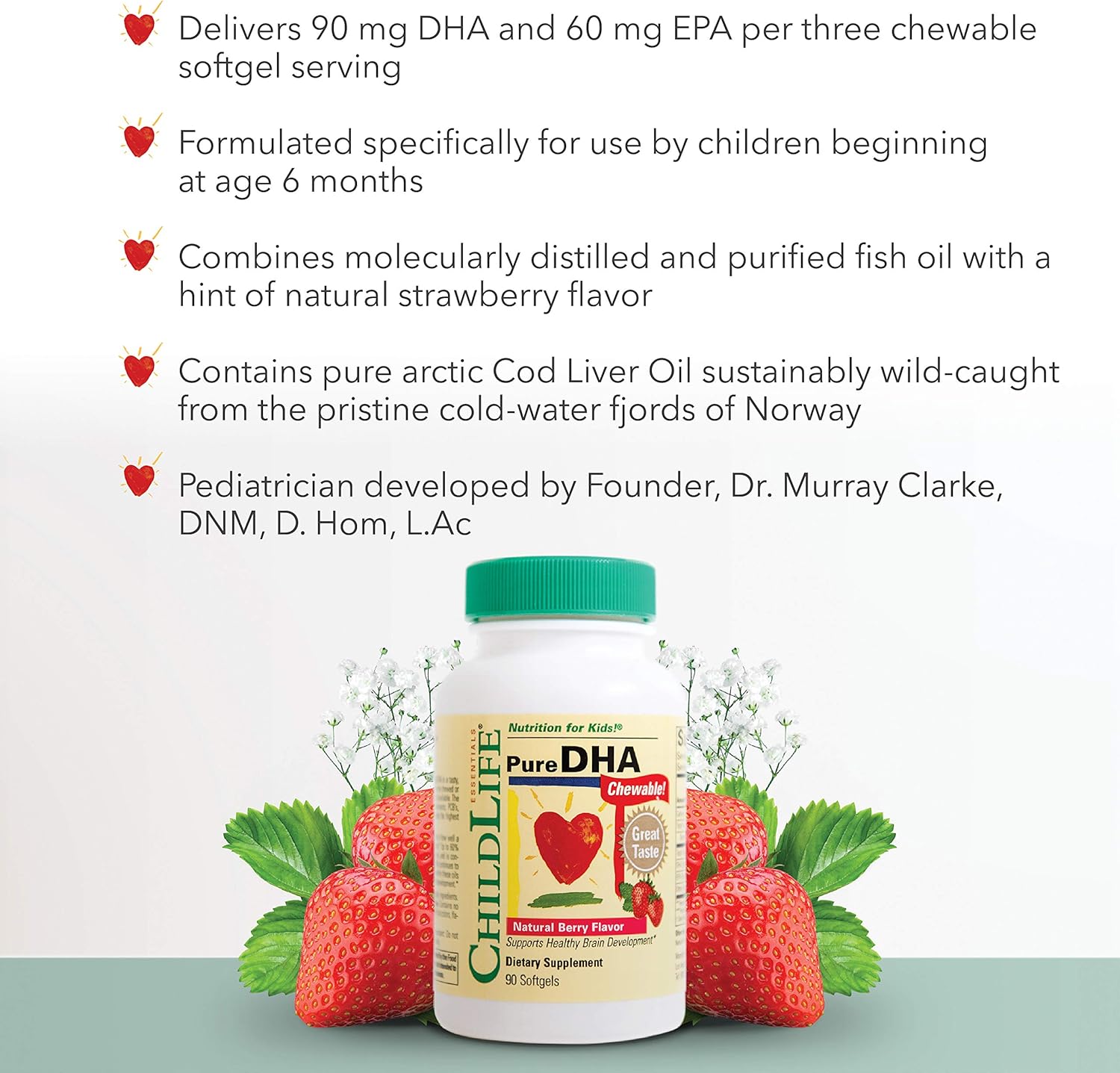 ChildLife Essentials Pure DHA for Kids - Omega 3 DHA EPA Supplements, Children's DHA Chewables, Baby & Toddler Fish Oil - Natural Berry Flavor, 90 Softgels x 2 Pack