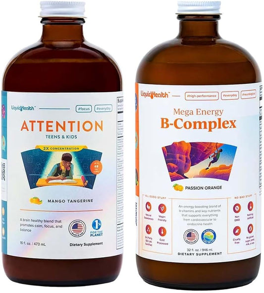 Children's Focus & Energy Liquid Vitamin Bundle - Mega B-Complex Supplement for Attention, Concentration, Mood & Energy Boost - Liquid Vitamins for Kids & Teens