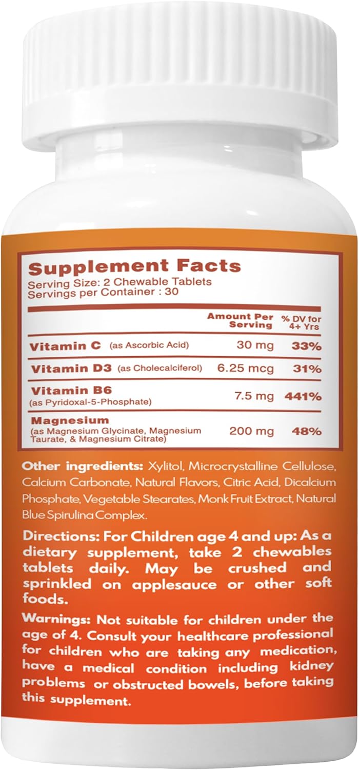 Children's High-Absorption Magnesium Chewable Tablets with Vitamin B6, D & C - Calm, Relaxation & Focus - Non-GMO, Sugar-Free