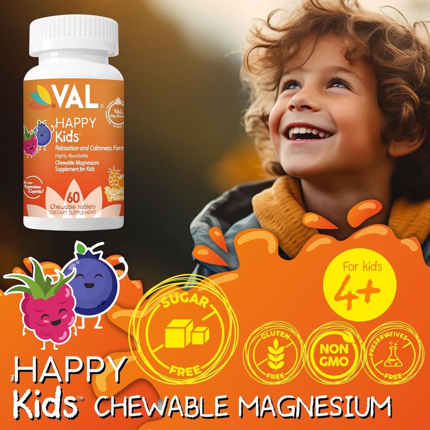 Children's High-Absorption Magnesium Chewable Tablets with Vitamin B6, D & C - Calm, Relaxation & Focus - Non-GMO, Sugar-Free