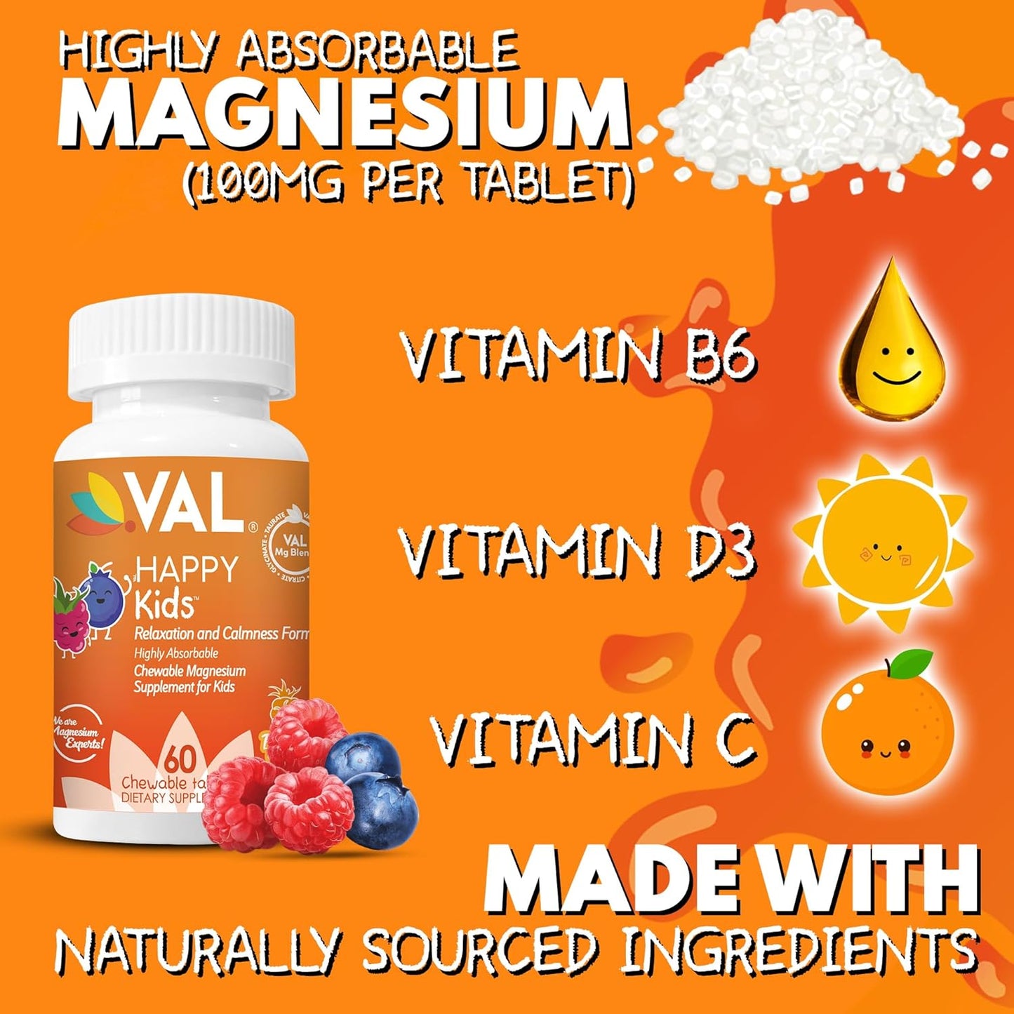Children's High-Absorption Magnesium Chewable Tablets with Vitamin B6, D & C - Calm, Relaxation & Focus - Non-GMO, Sugar-Free