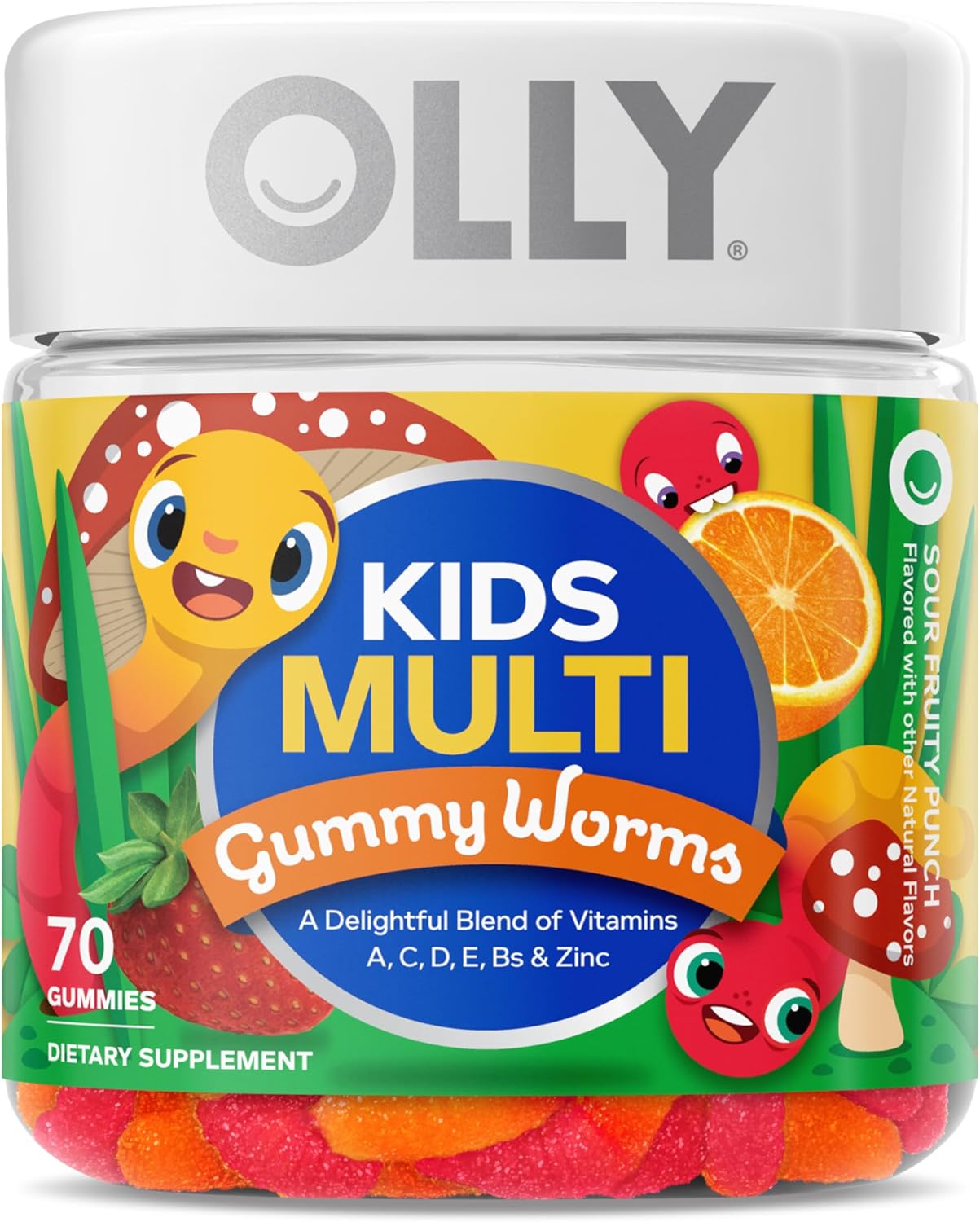 Children's Immune Support Multivitamin Gummy Worms, Chewable Sour Fruit Punch Supplement with Vitamins A, C, D, E, Bs, Zinc - 45 Day Supply (70 Count)