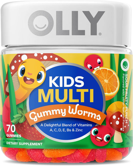 Children's Immune Support Multivitamin Gummy Worms, Chewable Sour Fruit Punch Supplement with Vitamins A, C, D, E, Bs, Zinc - 45 Day Supply (70 Count)