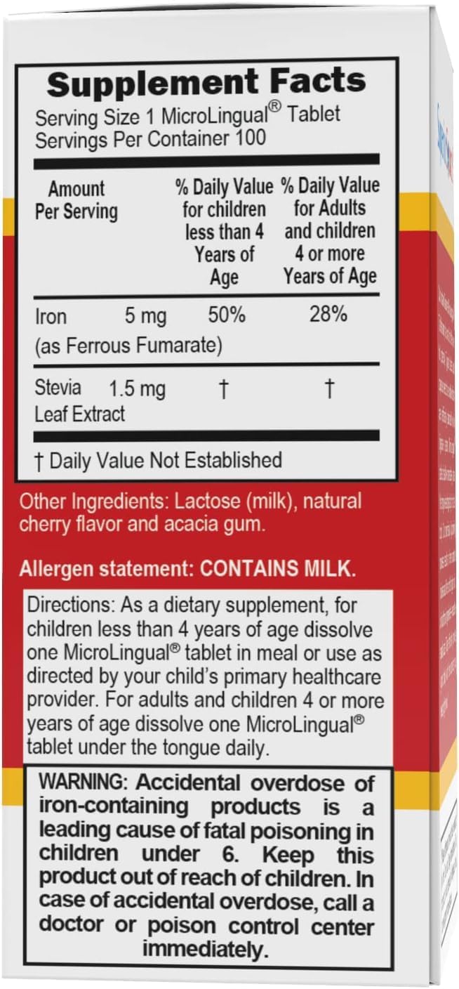Children’s Iron 5mg Supplement for Cell Health & Development - 100 Dissolve Tablets for Toddlers