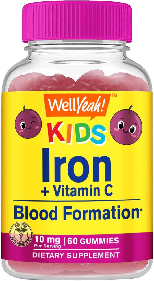 Children's Iron Gummies with Vitamin C for Anemia Support & Immune Health - Natural Grape Flavor - 60 Count