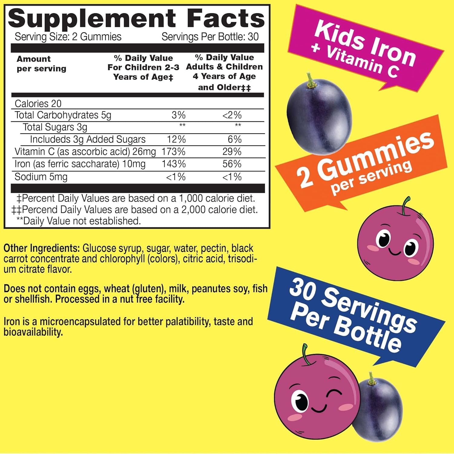 Children's Iron Gummies with Vitamin C for Anemia Support & Immune Health - Natural Grape Flavor - 60 Count