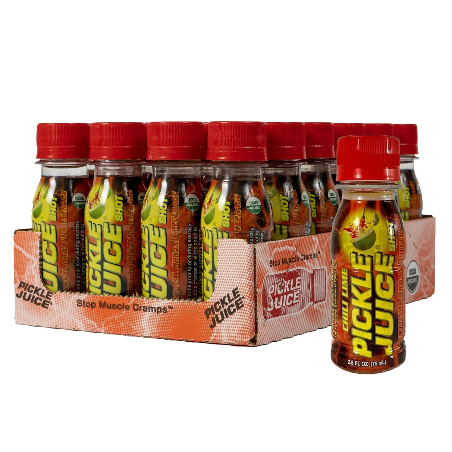 Chili Lime Pickle Juice Shots for Leg Cramp Relief - Extra Strength Electrolyte Drink - 24 Pack, 2.5 oz Each