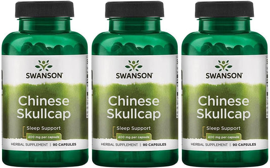 Chinese Skullcap Herbal Supplement for Relaxation & Sleep Support - Nerve-Soothing Flavonoid Formula (90 Capsules, 400mg) - Pack of 3